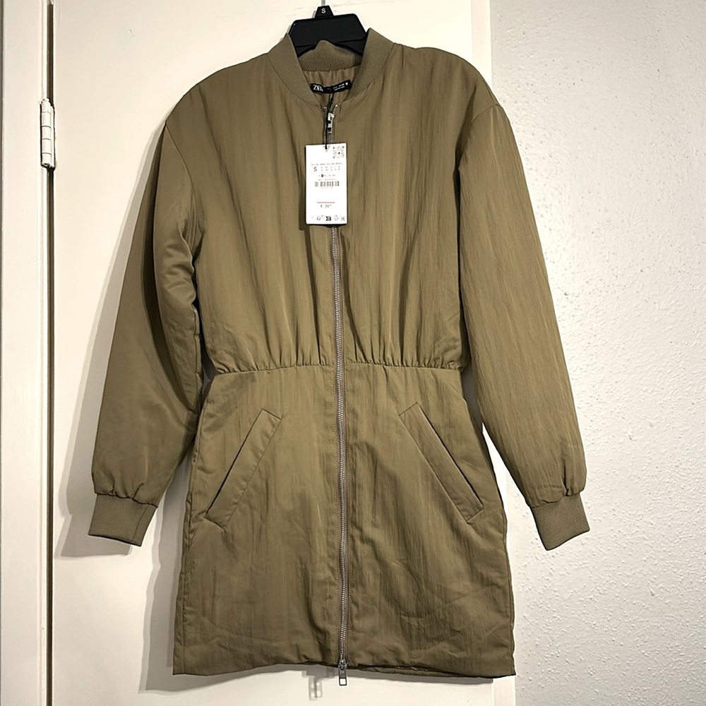 ZARA Women’s Small Puffer Padded Mini Bomber Dress Olive Green Full Zip Boho Y2K